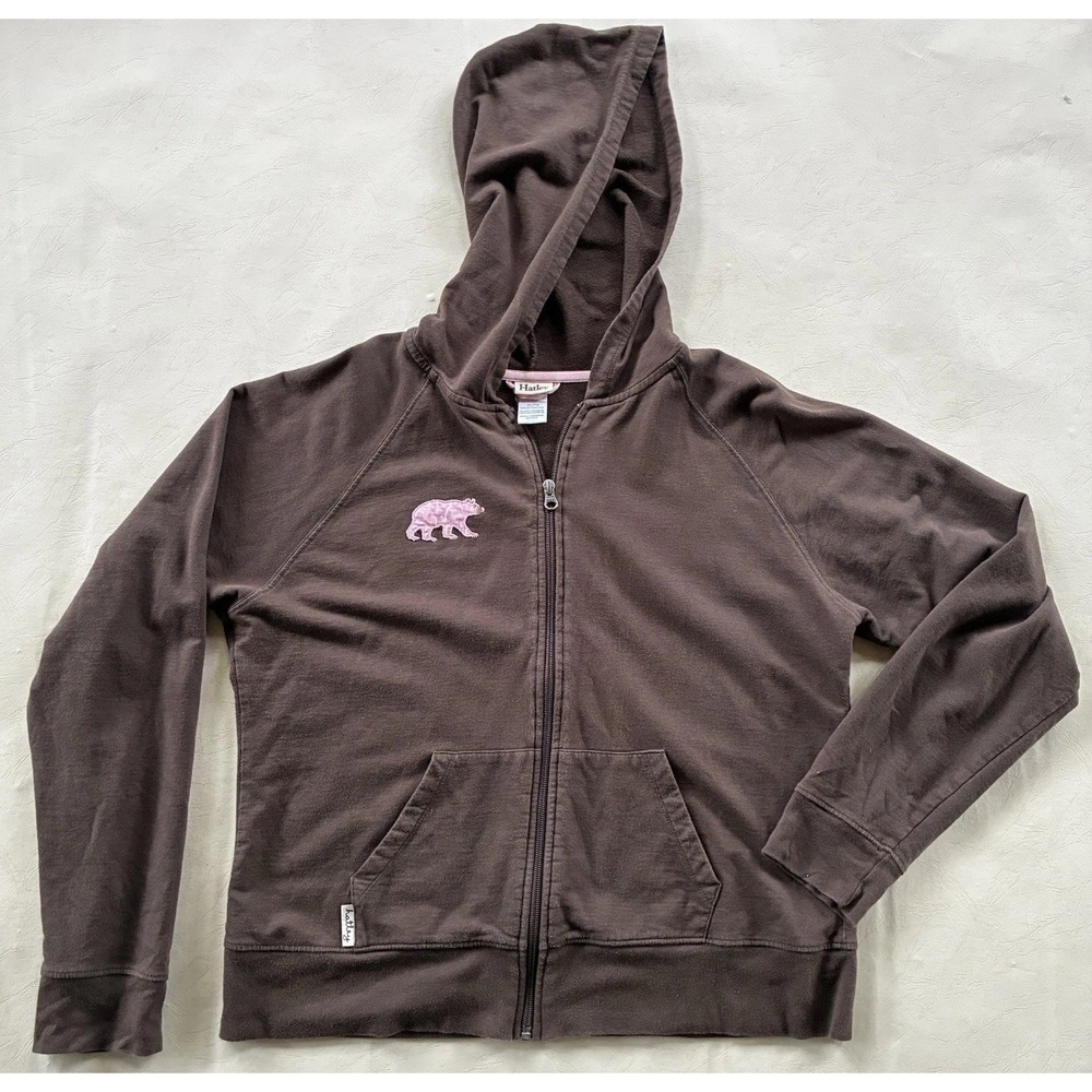 Hatley Women's Full Zip Hoodie Sweater Jacket Brown Pink Bear Patch Size XL
